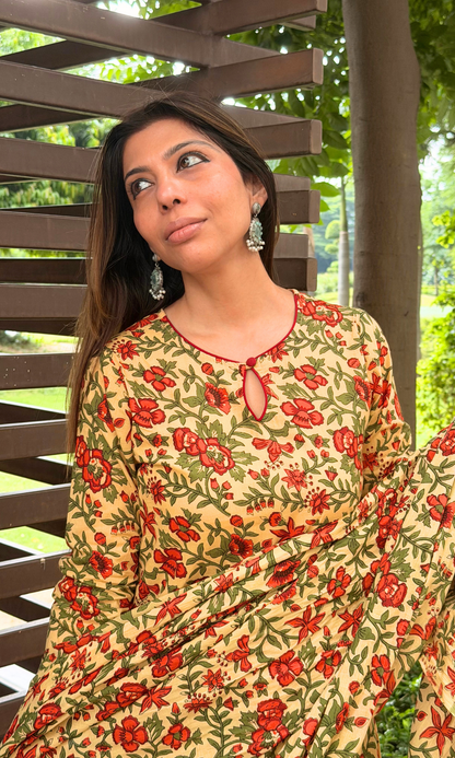Butter yellow floral block print Kurta, afgani pants & Cotton Printed Dupatta