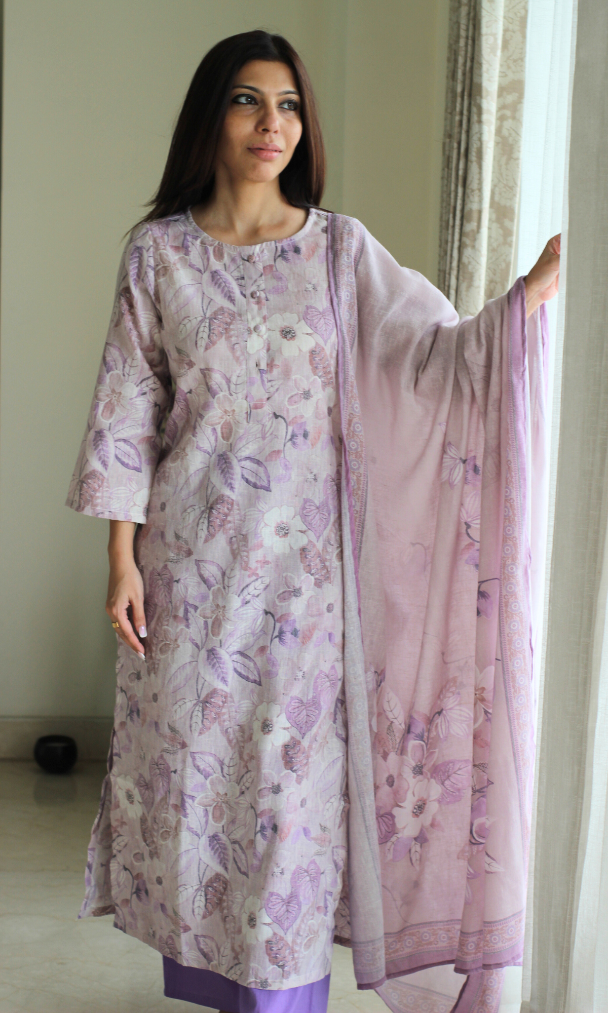 Duchessé Pink Linen Blend Printed Kurta , Dupatta & Cotton Bottoms
