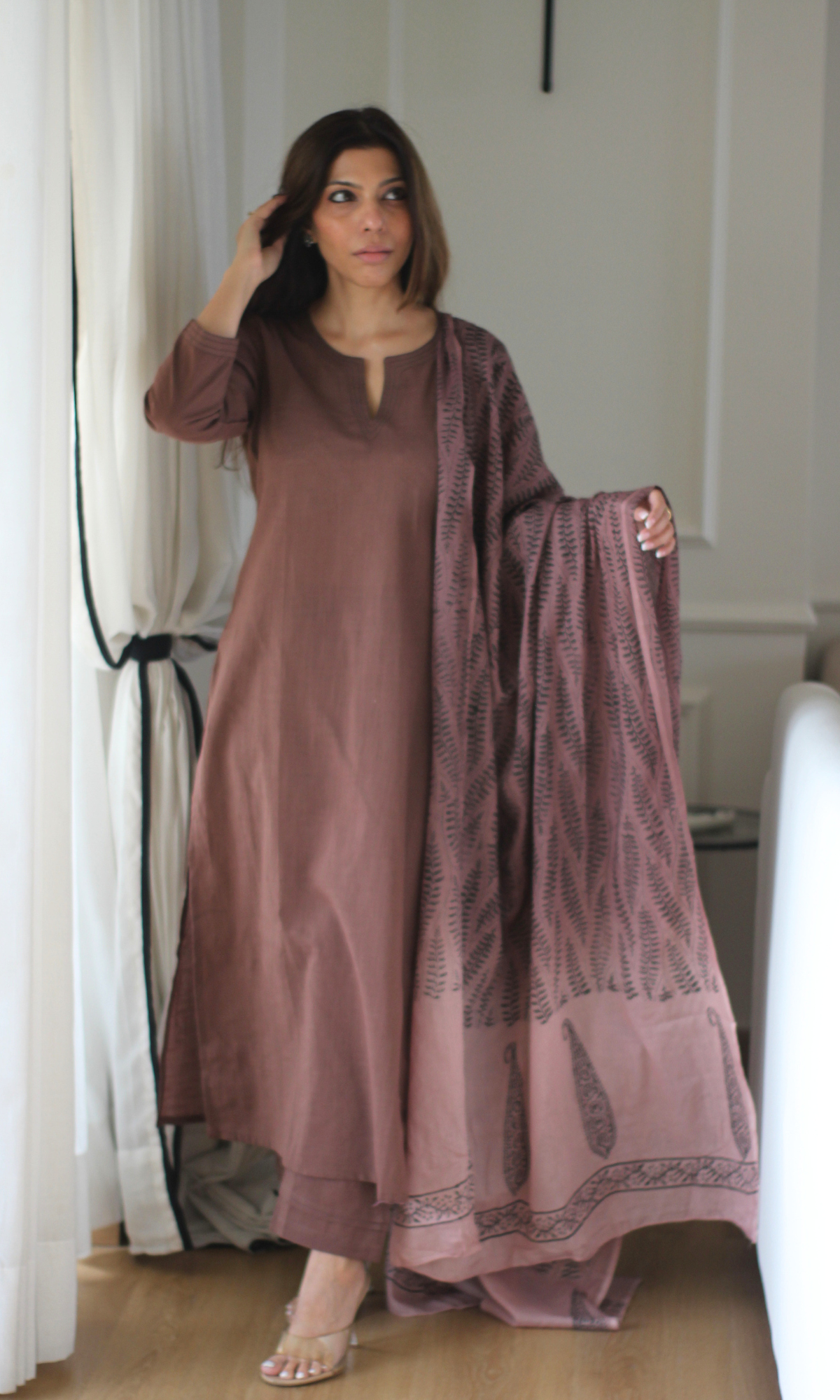 Hazel Cocoa Slub Kurta, Pant & Handblock Print Dupatta