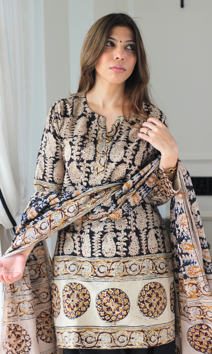 Black Paisley Handblock Kalamkari Kurta , Dupatta & Cotton Farshi Salwaar