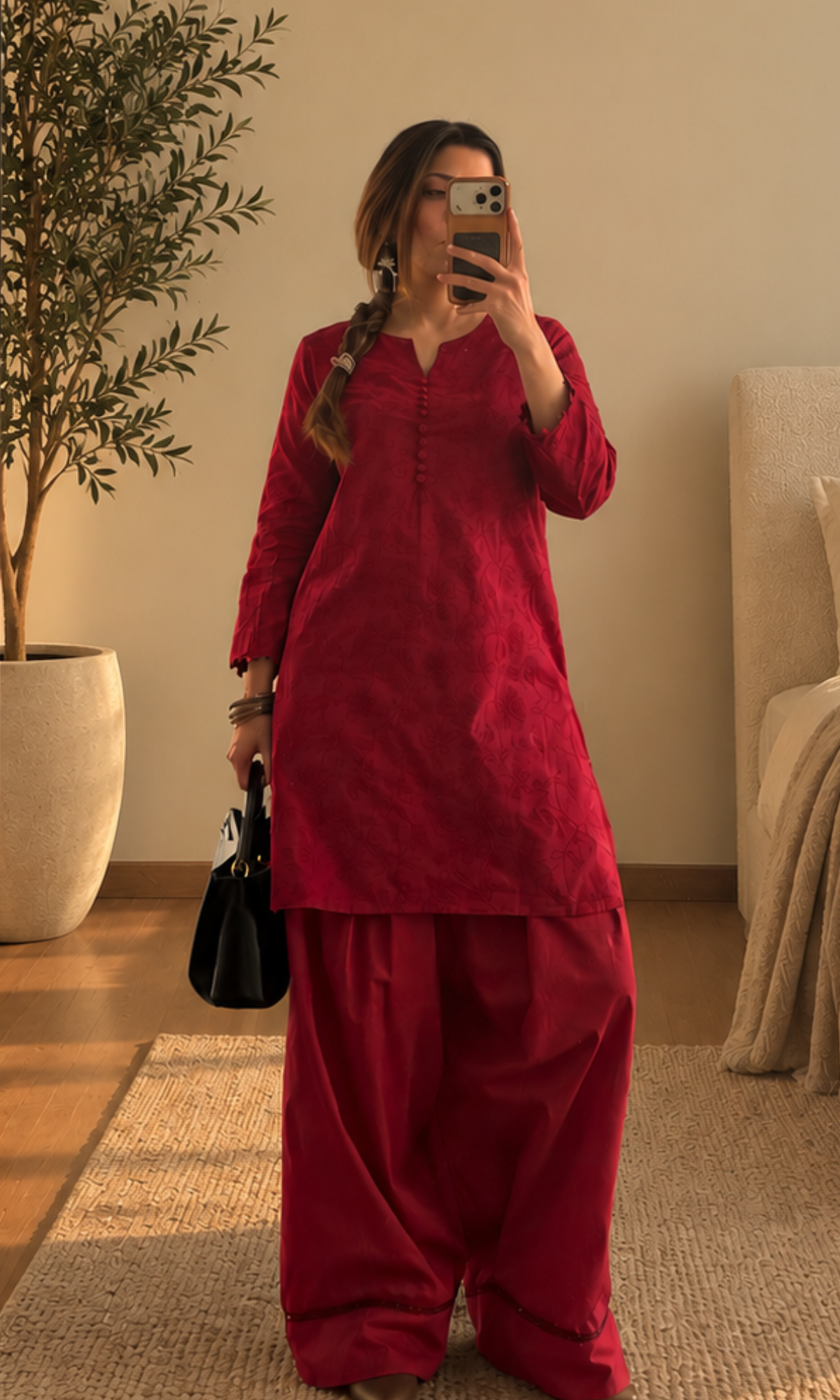 Rose Embroidered Kurta & Cotton Farshi Salwaar