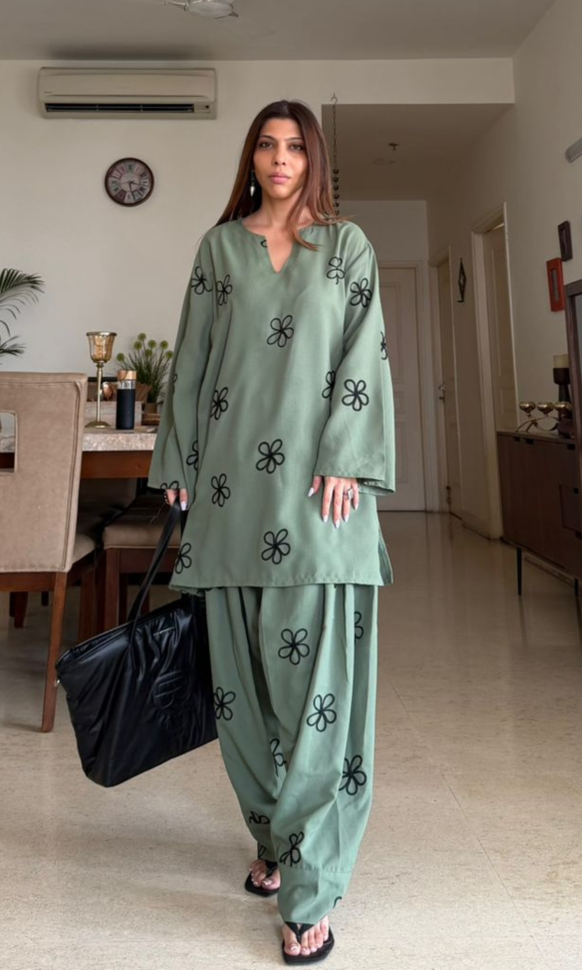 Dusty Sage Flower Embroidered Farshi Co-ord
