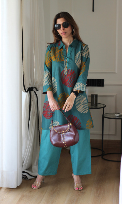 Cotton Teal Circle Abstract Collared Coord