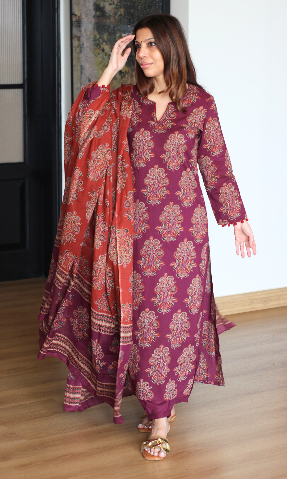 Cotton Burgandy & Rust Mughal Print Kurta, Dupatta with  Afgani Pants