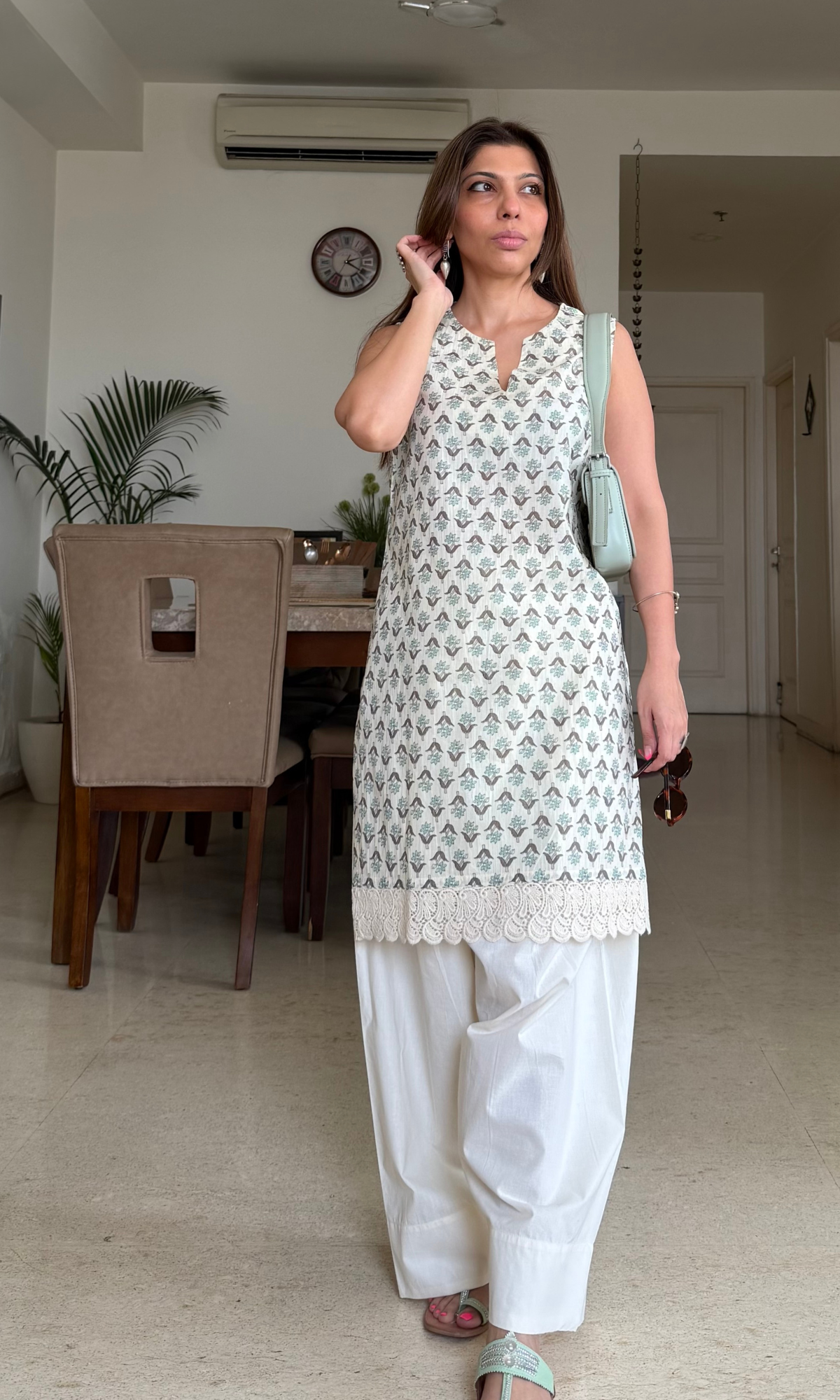 Sage Boota Print Cotton Laced Kurta with Farshi Salwaar