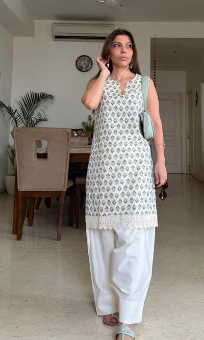 Sage Boota Print Cotton Laced Kurta with Farshi Salwaar