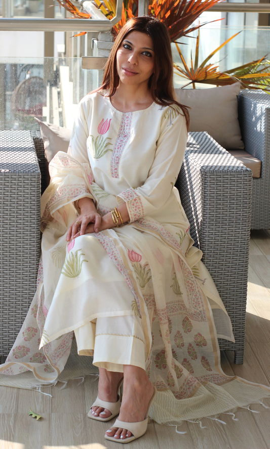 Seher Chanderi Silk Handblock Printed Kurta , Dupatta & Cotton Pants