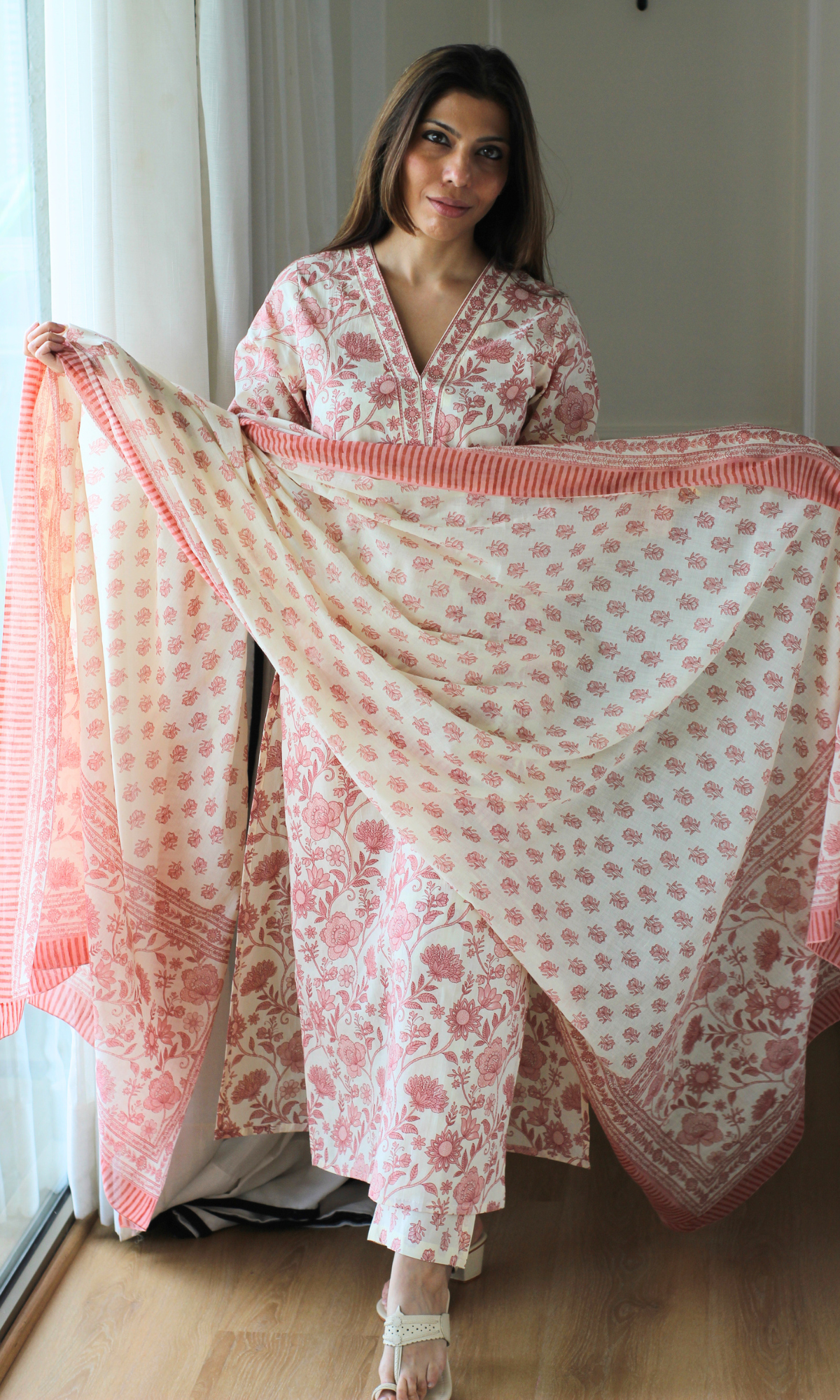 Apricot Garden Block Print Cotton Kurta, Pant and Mul Printed Dupatta