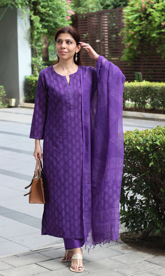 Purple Cotton Hand Block Print Kurta , Kota Doria Printed Dupatta & Cotton Pant