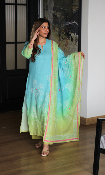 Mint Mirage Linen Blend Kurta , Dupatta & Cotton Pants