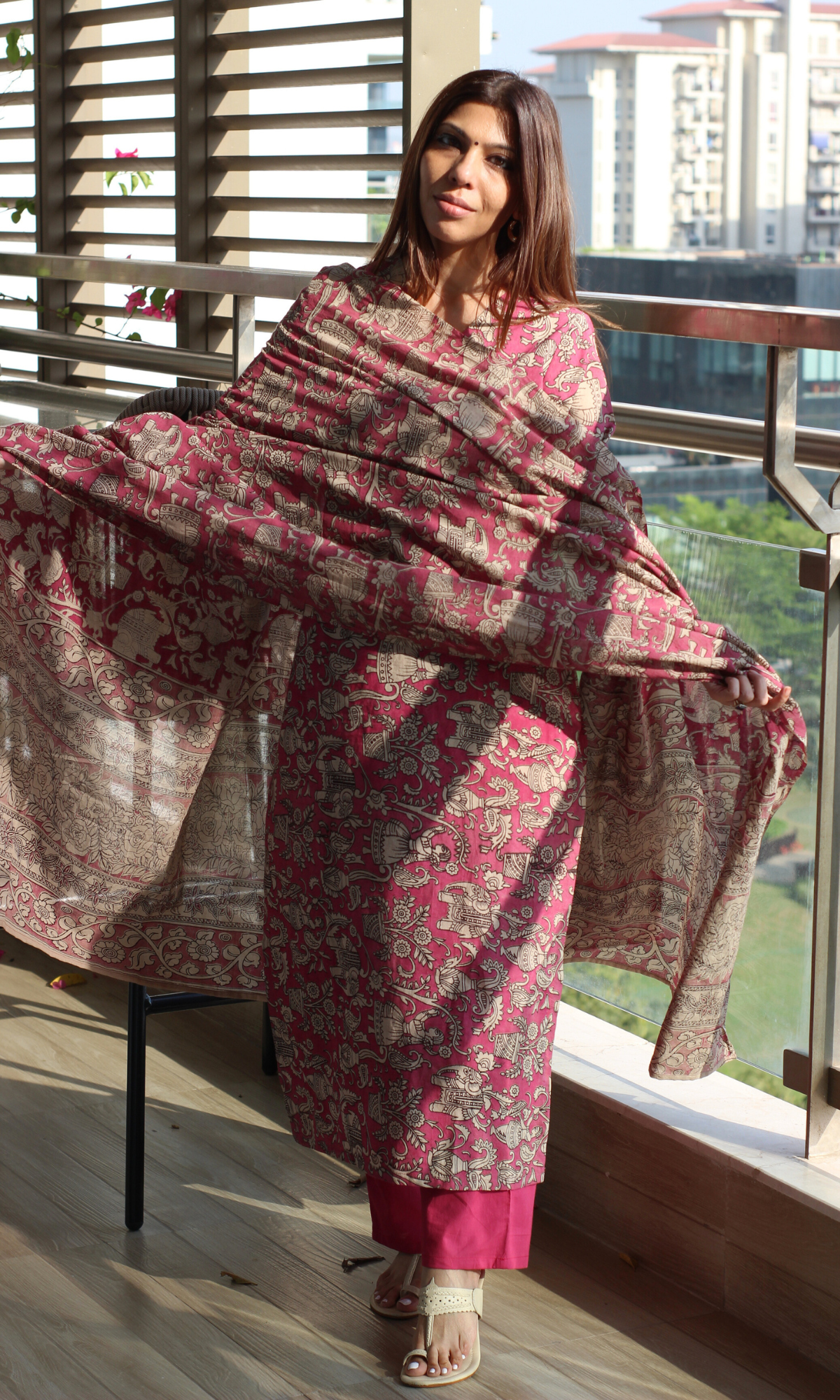 Deep Pink Handblock Kalamkari Kurta, Cotton Handblock Dupatta & Pants