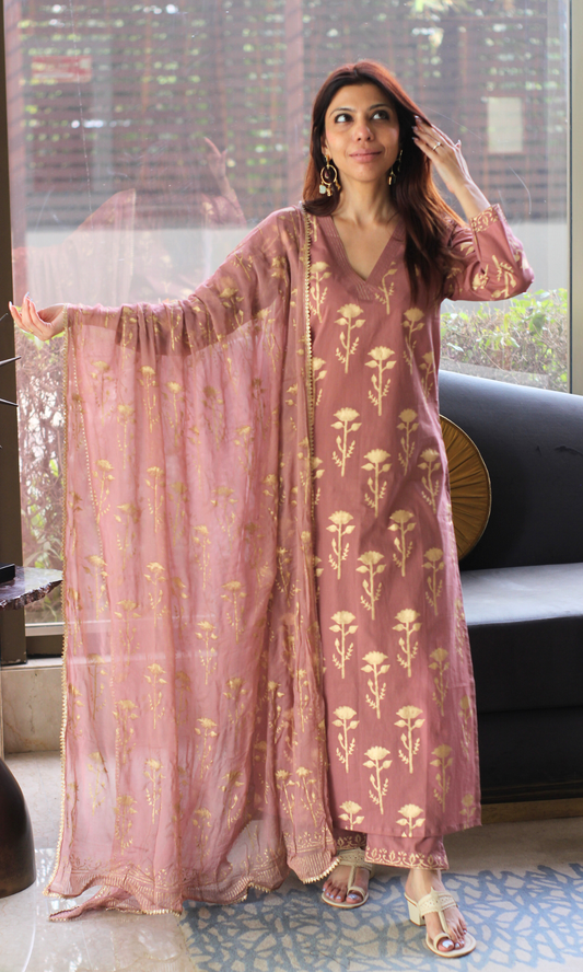 Cotton Antique Mauve & Gold Rose Mughal Suit with Chiffon Gold Laced Dupatta