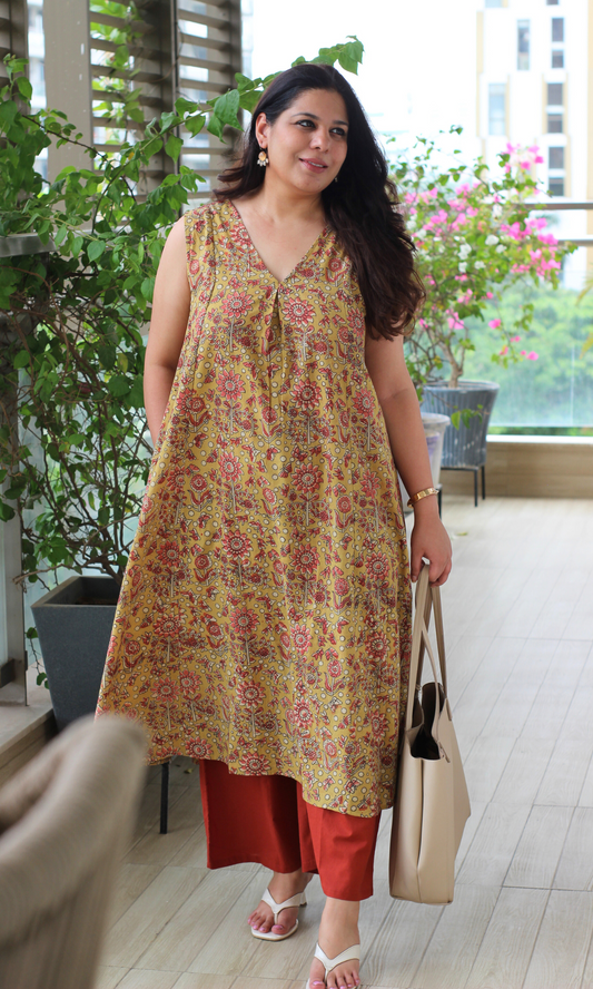 Pale Yellow Handblock Kalamkari Pleated Kurta & Cotton Pants