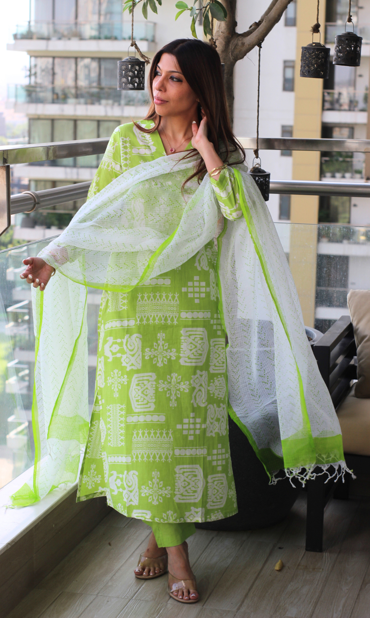 Cotton Lime Noir Print Kurta, Handblock Kota Doria Dupatta & Cotton Pants