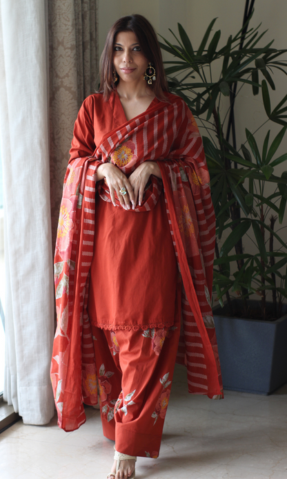 Tangerine Gulzar Kurta with Farshi Salwar & Cotton Dupatta