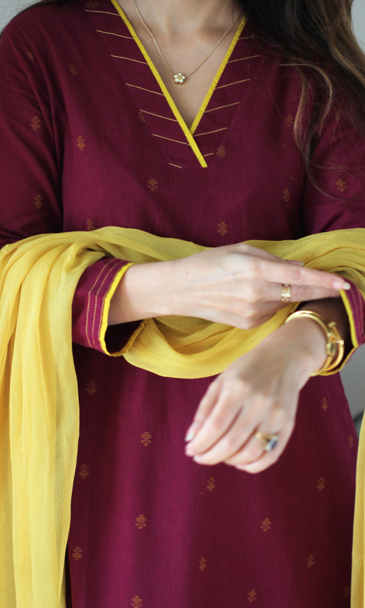 Plum Handloom Cotton Dobby Kurta, Pant & Chiffon Ombre Dupatta