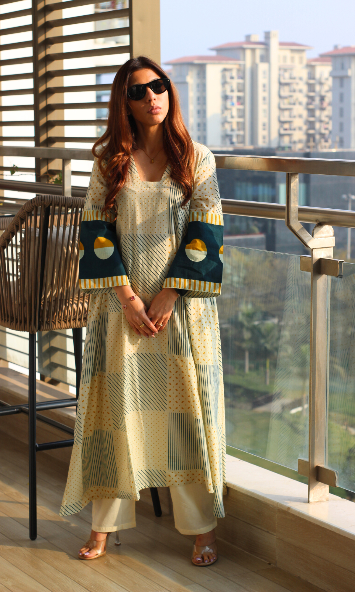 Reya Green Geometric Print Kali Kurta & Cotton Pants