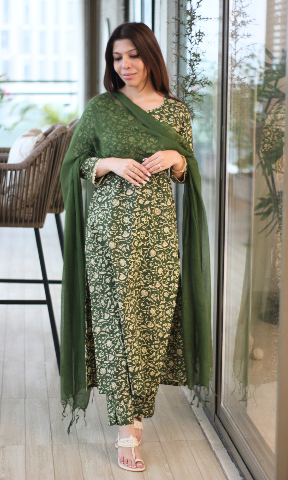Deep Green Baagh Printed Cotton Kurta, Pant & Kota Doria Dupatta