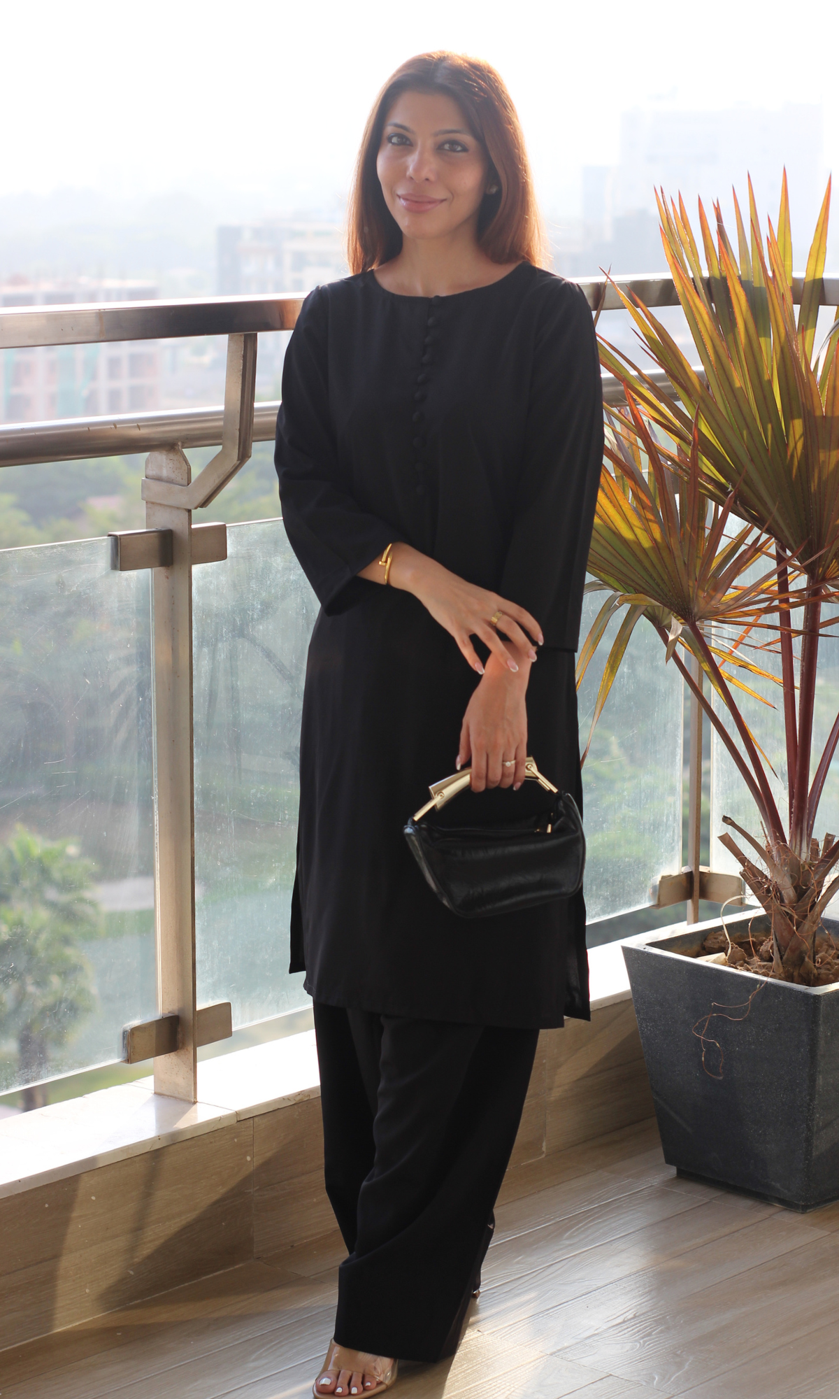 Black Glossy Boat Neck Buttoned Kurta with Farshi Salwaar