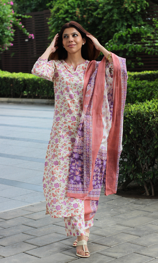 Cotton Monsoon Blush Printed Suit with Cotton Dupatta