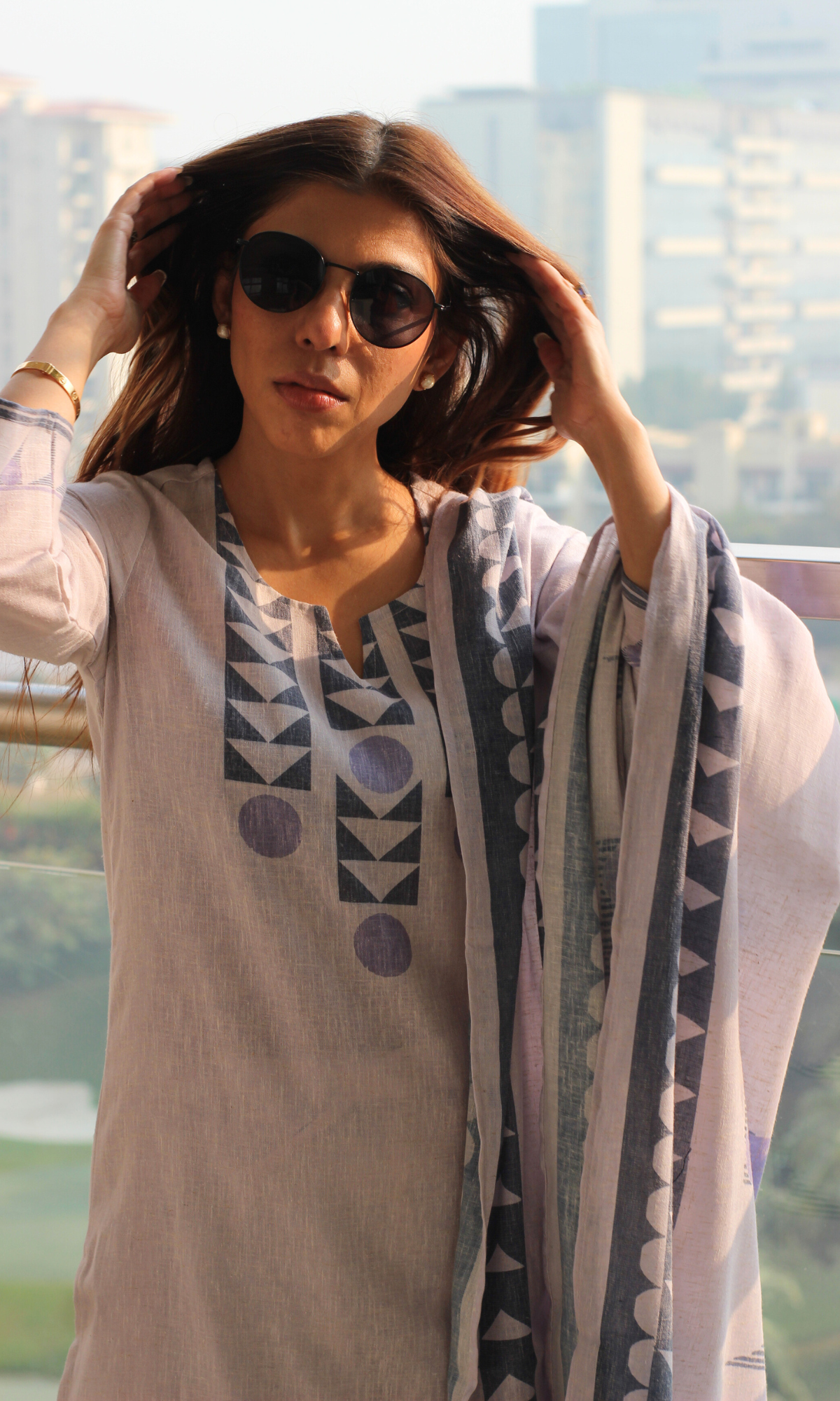Linen Blend Dusty Lavender Abstract Print Kurta, Dupatta & Cotton Pants