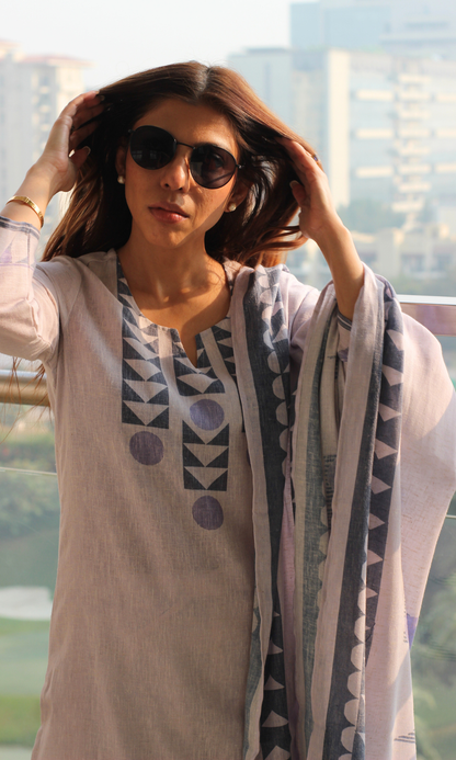 Linen Blend Dusty Lavender Abstract Print Kurta, Dupatta & Cotton Pants