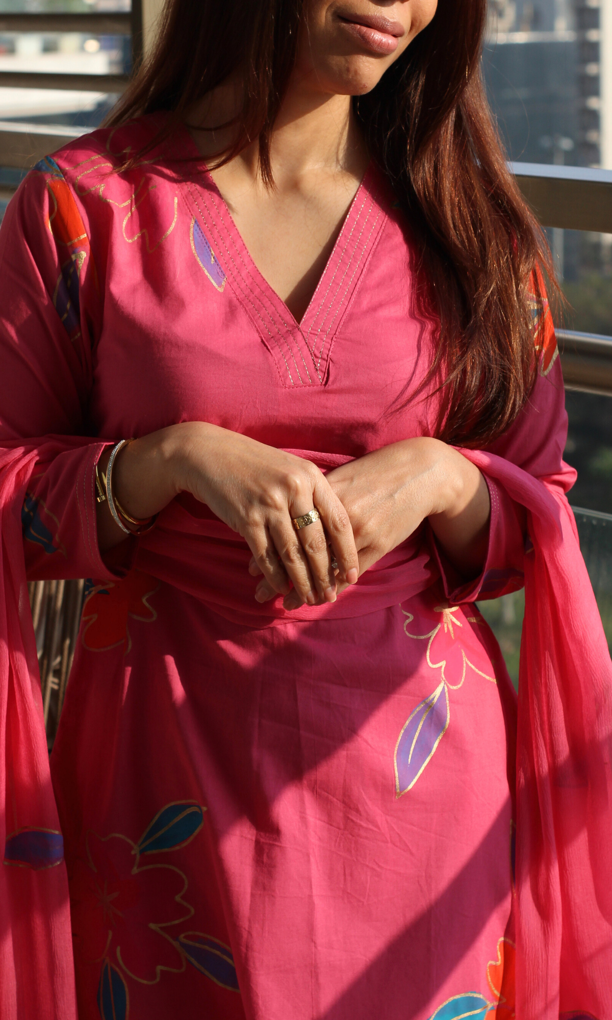 Cotton Berry Pink  Handbrush Painted Suit with Chiffon Handpainted Dupatta