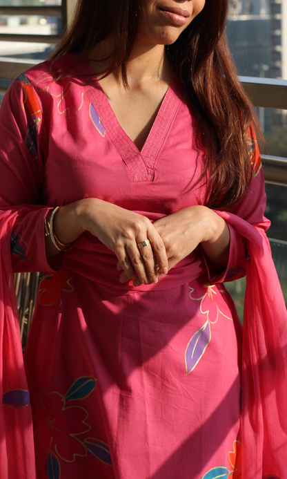 Cotton Berry Pink  Handbrush Painted Suit with Chiffon Handpainted Dupatta