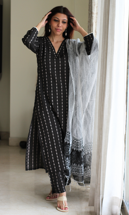 Black Kantha Kurta, Pant & Kota Doria Handblock Printed Dupatta