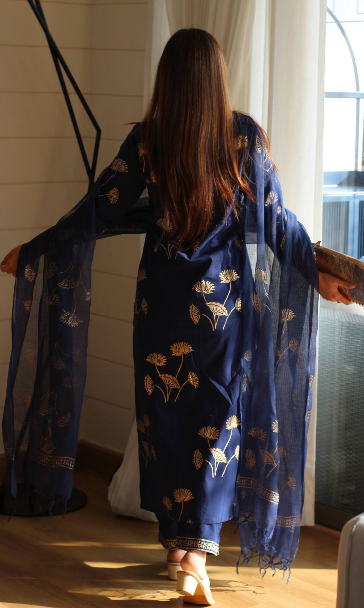 Navy Rangreza Gold Handblock Mughal Print Kurta, Cotton Pants & Kota Doria Dupatta