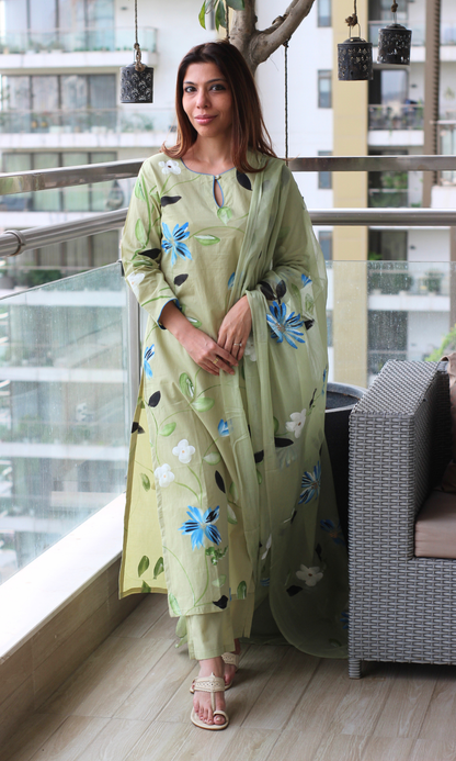Soft Sage Hand Brush Painted Kurta, Chiffon Handpainted Dupatta & Cotton Pants