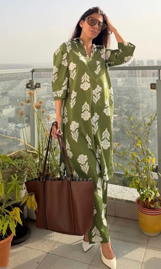 Cotton Green Olive Floral Collared  Co-ord