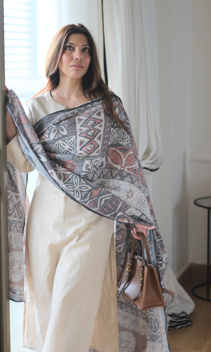 Saaz Beige Slub Kurta, Pants with Pintex, Printed Dupatta