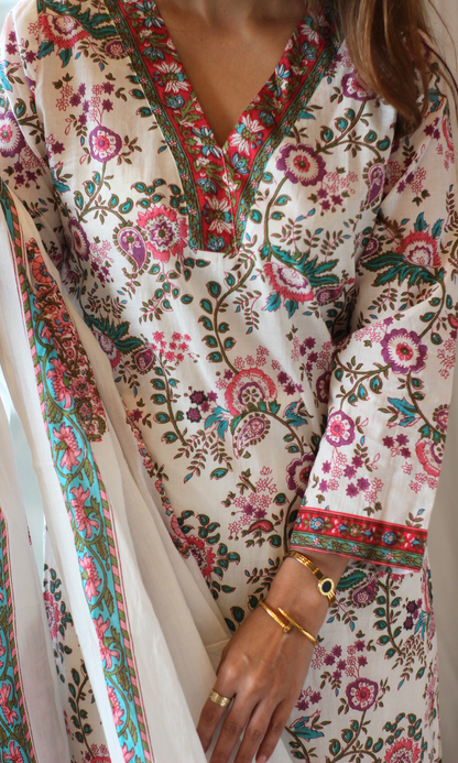 White Garden Block Print Kurta, Dupatta & Cotton Afgani Pants