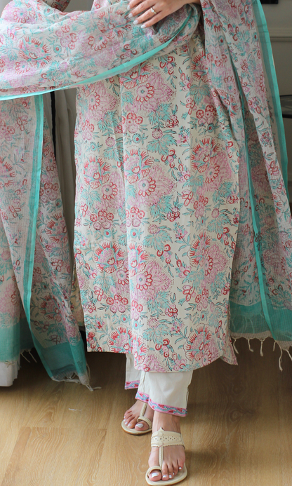 Sapna pink & aqua handblock Kurta, Pants & Kota Doria Dupatta