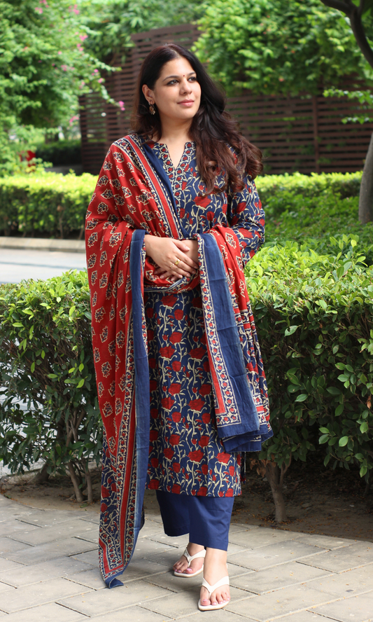 Cotton Blue Rose Ajrakh Print Kurta, Dupatta & Cotton Pants