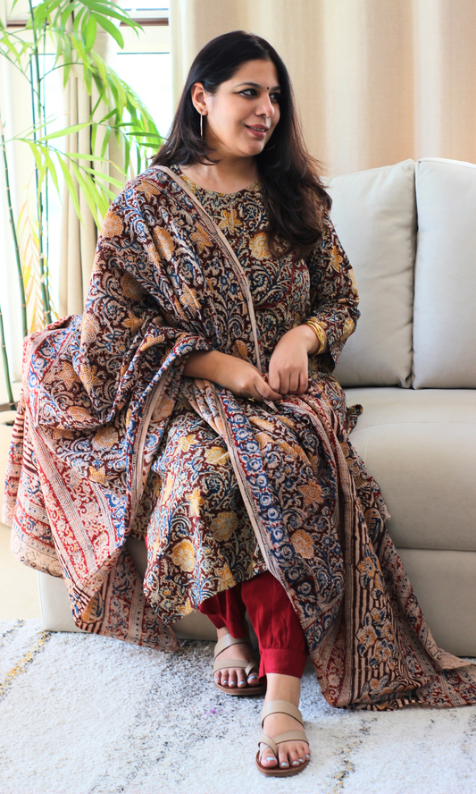 Deep Red & Yellow Flower Story Handblock Kalamkari Kurta, Dupatta & Afghani Pants