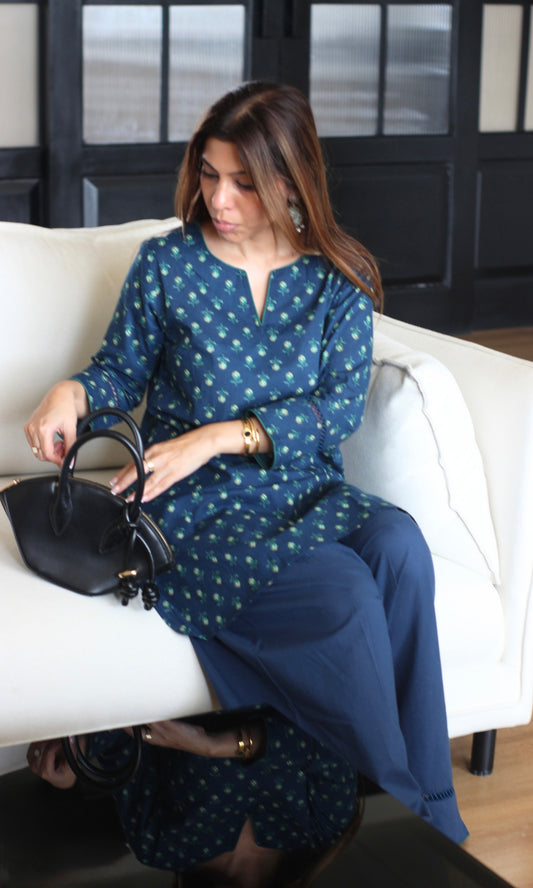 Deep Blue booti Print Kurta & Farshi Salwaar