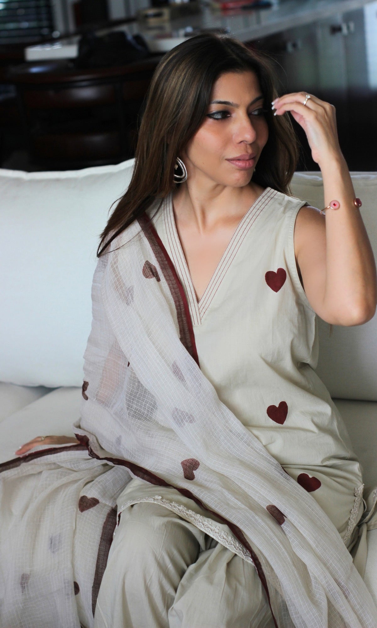 Red Hearts Hand Pianted Cotton Kurta, Farshi Salwaar & Kota Handpainted Duptaa