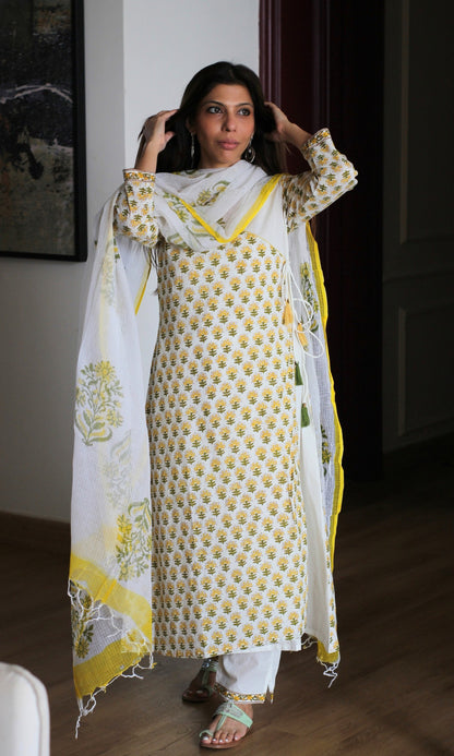 Surbhi Lemon Block Print Angrakha Style Kurta, Pants & Kota Doria Handblock Dupatta