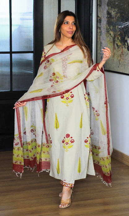 Saira Floracent Handblock Print Kurta, Cotton Pants & Kota Doria Handblock Dupatta