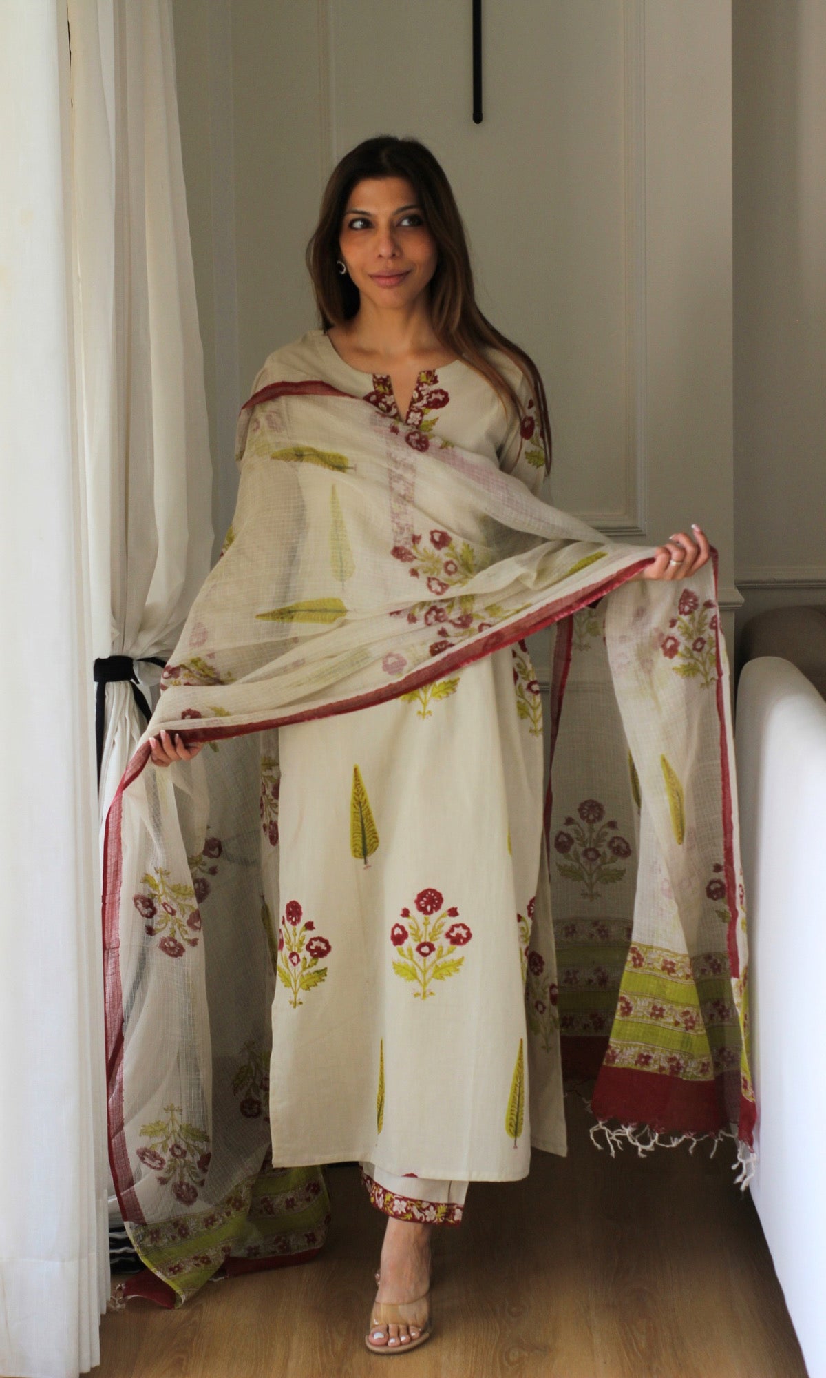Saira Floracent Handblock Print Kurta, Cotton Pants & Kota Doria Handblock Dupatta