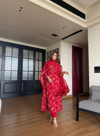 Gulbarg Lal Block Print Kurta, Dupatta & Cotton Pants