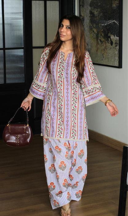 Lavender Kinari Block Print Kurta with Farshi Salwaar