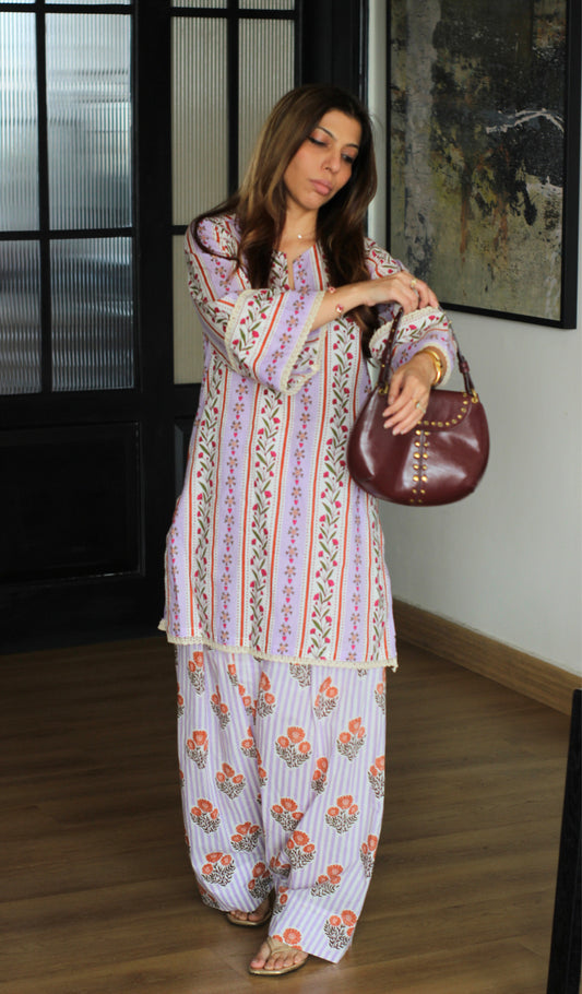 Lavender Kinari Block Print Kurta with Farshi Salwaar