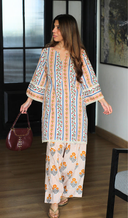 Peach Kinari Block Print Kurta with Farshi Salwaar