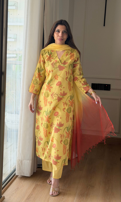 Linen Blend Marigold Floral Kurta, Cotton Pants & Ombré Kota Doria Dupatta