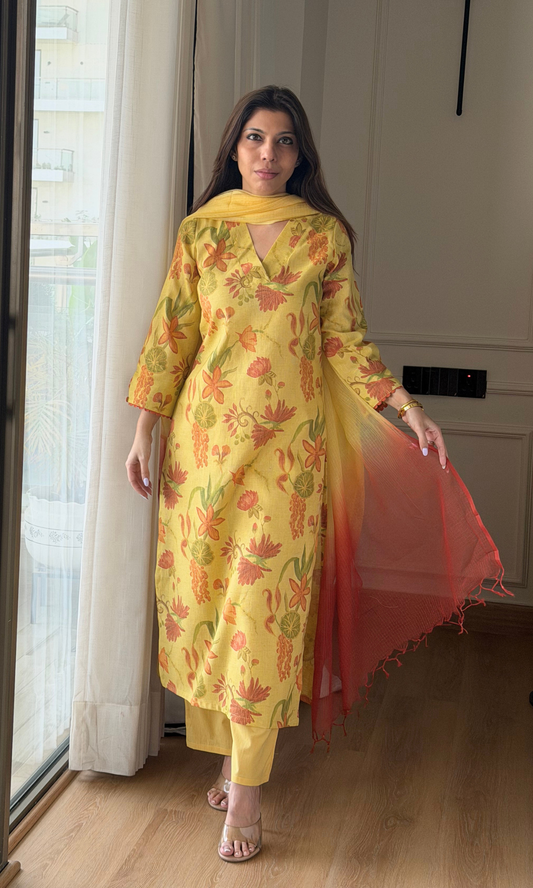 Linen Blend Marigold Floral Kurta, Cotton Pants & Ombré Kota Doria Dupatta