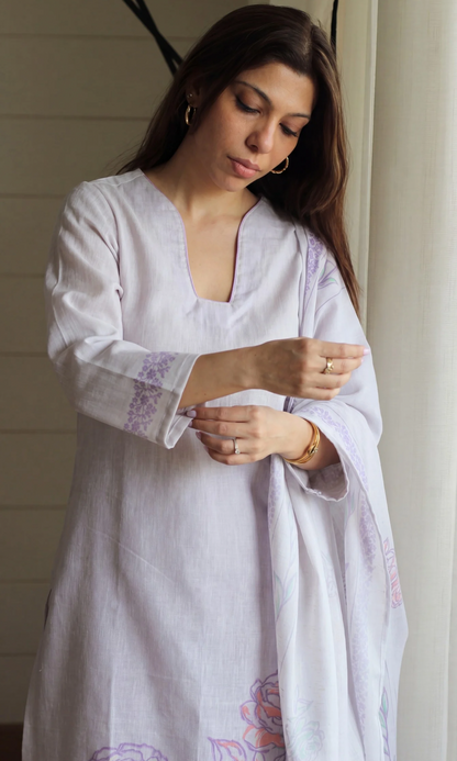 Soft Lavender Linen Blend Printed Kurta, Dupatta & Cotton Pants