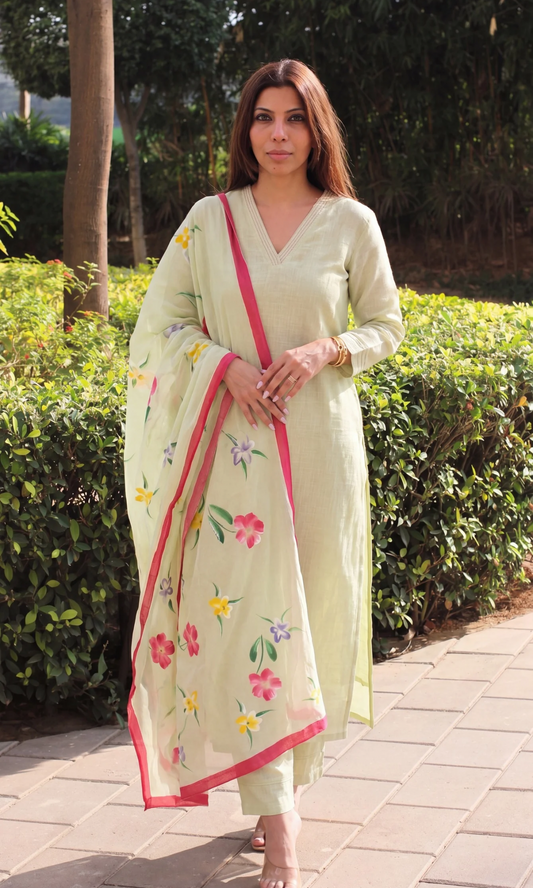 Lime Green Slub Black Laced Kurta, Pant & Mul Handpainted Dupatta